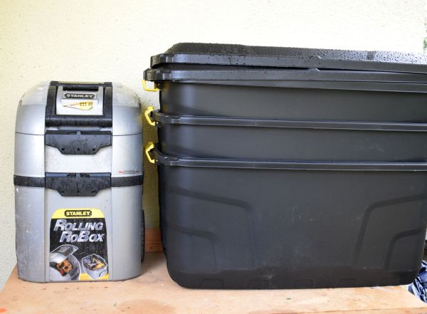 Stanley Rolling Robox tool chest, together with three large black plastic storage boxes and covers