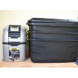 Stanley Rolling Robox tool chest, together with three large black plastic storage boxes and covers