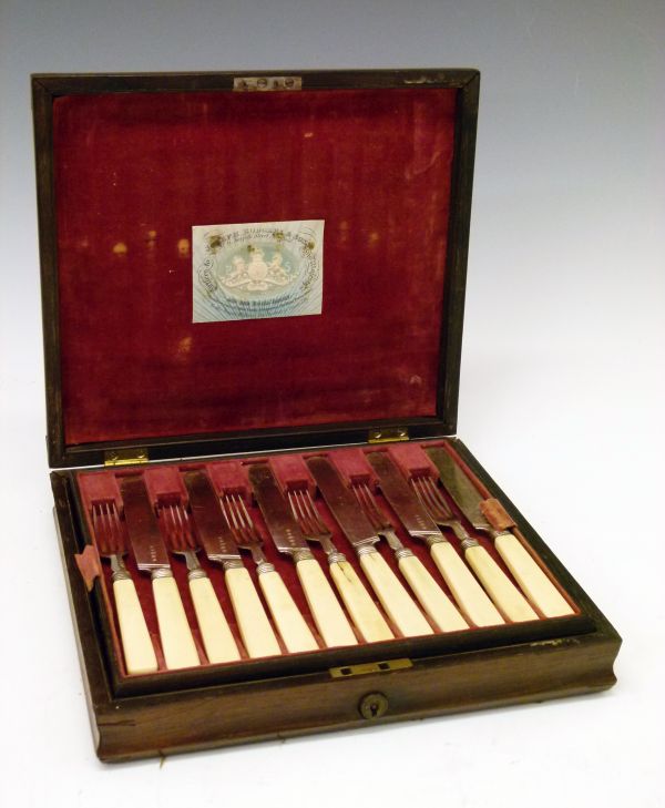 19th Century brass inlaid rosewood cased twelve person set of bone handled silver plated dessert