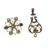 9ct gold pendant set seed pearls and green stone, together with a somewhat similar brooch,