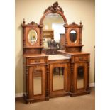 Victorian boxwood inlaid walnut breakfront chiffonier, the raised back with central arch shaped