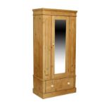 Edwardian stripped pine single wardrobe fitted bevelled mirror panel door and with one long drawer