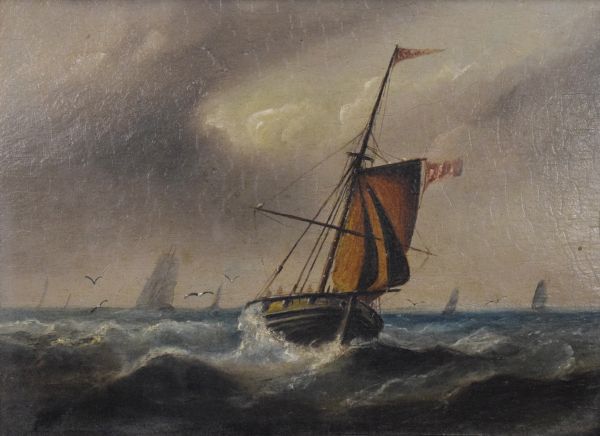 19th Century English School - Oil on board - Stormy seascape with sailing vessel, unsigned, 22cm x