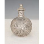 Chinese export silver mounted glass table scent bottle of globular form having pierced prunus