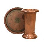 Hammered copper stickstand and a Benares type engraved brass tray Condition: