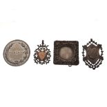 Miniature silver picture frame, two silver prize fob medallions and a base metal swimming medal