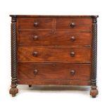 Victorian mahogany chest of two short and three long drawers flanked by spiral twist columns and