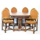1930's period oak seven piece dining suite comprising: panel top refectory style drawleaf table, the