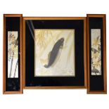 Japanese metal picture depicting a carp, 26.5cm x 23cm, together with a pair of similar pictures -