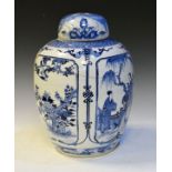 Chinese ovoid jar and cover having blue and white painted decoration depicting figures on a