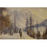 Early 20th Century English School - Watercolour - An alpine landscape with a hiker on a track,