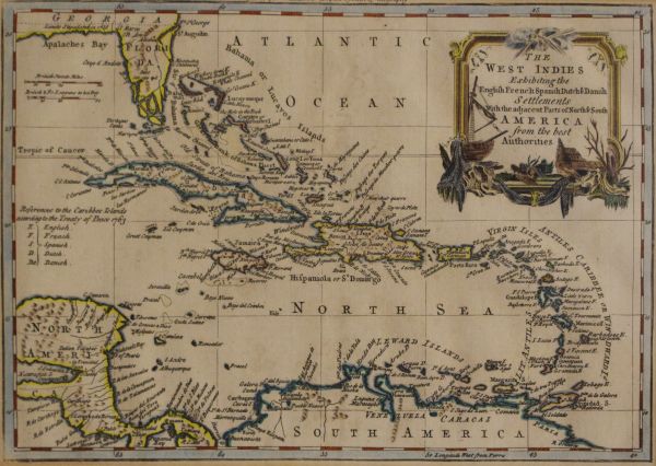 Antique hand coloured engraved map - The West Indies Exhibiting The English, French, Spanish,