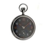 Elgin World War II Military black faced top wind pocket watch, British Army issue, the back engraved