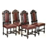 Set of four 19th Century heavily carved dark oak high back chairs, each having a stuffed seat and