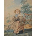 19th Century English School - Watercolour - Full length portrait of a young girl standing on a river