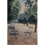 David Wilson - Oil on canvas - Chairs In A Park, signed, 75cm x 49.5cm, framed Condition: