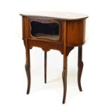 Marquetry inlaid mahogany kidney shaped side cabinet fitted a glazed door and standing on brass