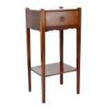 Mahogany side table fitted one drawer and standing on square supports united by a platform