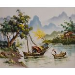 Pair of late 20th Century Oriental oils on canvas - River scenes with fishing boats, 48cm x 60cm,