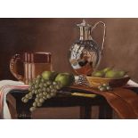 William Sibbons - Oil on canvas - Still-life with fruit and claret jug, signed, 19cm x 24cm, framed
