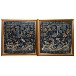 Pair of 19th Century Chinese silk embroidered panels, each decorated with a phoenix and carp amongst