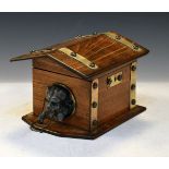 Early 20th Century nickel plated mounted oak box formed as a dog kennel and decorated with a spelter