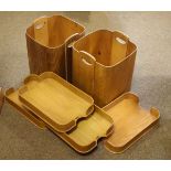 Modern Design - Two oak finish Bentwood waste paper bins, together with four similar trays by Abbess