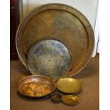 Large Benares type circular tray with typical engraved decoration, one other and a small quantity of