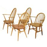 Pair of Ercol pale beech Quaker Windsor elbow chairs, a similar low back Windsor elbow chair and one