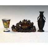 Small Chinese bronze two handled vase, 13.5cm high, a carved soapstone ornament and a Japanese Imari