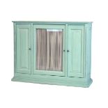 Pale green painted cabinet fitted a central glazed door flanked by a panelled door to either side