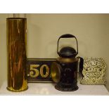 Vintage brass mounted railway lamp, brass shell case vase etc Condition: