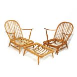 Pair of 1960's period Ercol pale beech Windsor easy chairs, together with a matching extension stool