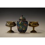 Chinese cloisonné ovoid jar and cover having stylised foliate decoration on a blue ground together