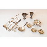 Three silver scallop design salts, Birmingham 1896, George III silver cauldron salt, London 1783 and