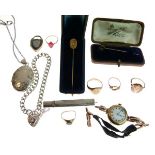 Two diamond set stickpins, five various gold rings, a lady's 9ct gold cocktail watch and a small