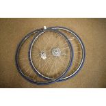 Pair of late 20th Century racing cycle wheels - Shimano 600 hubs on Mavic open four CD rims with a