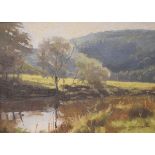 Pair of small oils on board - Sheepdog Trials and a riverside landscape, each signed Braley, 19cm