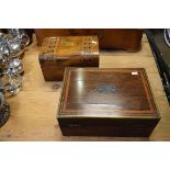 19th Century rosewood and crossbanded brass bound writing slope, together with a walnut and