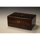 19th Century brass inlaid rosewood writing box, the double hinged cover opening to reveal a fitted