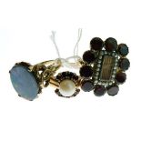 9ct gold opal set dress ring, a mourning ring set woven hair panel within a seed pearl and