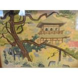 Three Oriental paintings on silk and a wood block print all depicting landscapes, all framed and