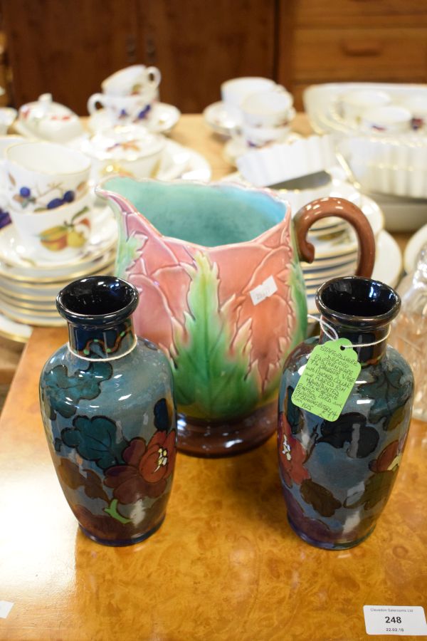 Pair of Staffordshire 'Decoro' vases having decoration of birds amongst flowers, and a Majolica