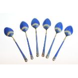 Set of six George V silver and blue enamel coffee spoons, Birmingham 1929, 2.1oz approx Condition: