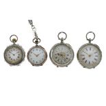 Four various lady's Continental white metal fob watches, comprising: two key wind and two top