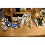 Quantity of porcelain shoe ornaments, quantity of Wedgwood jasper ware and collection of swan