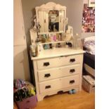 Edwardian white painted dressing chest, the raised back fitted swing mirror and open shelf, the base