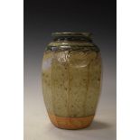 Richard Batterham studio pottery vase having a brown speckled green and grey glaze, unmarked