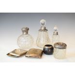 Four silver mounted dressing table jars, a silver mounted hardwood vesta holder and two silver