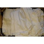 Large quantity of linen including; clothing, tablecloths, embroidery etc (suitcase and two boxes